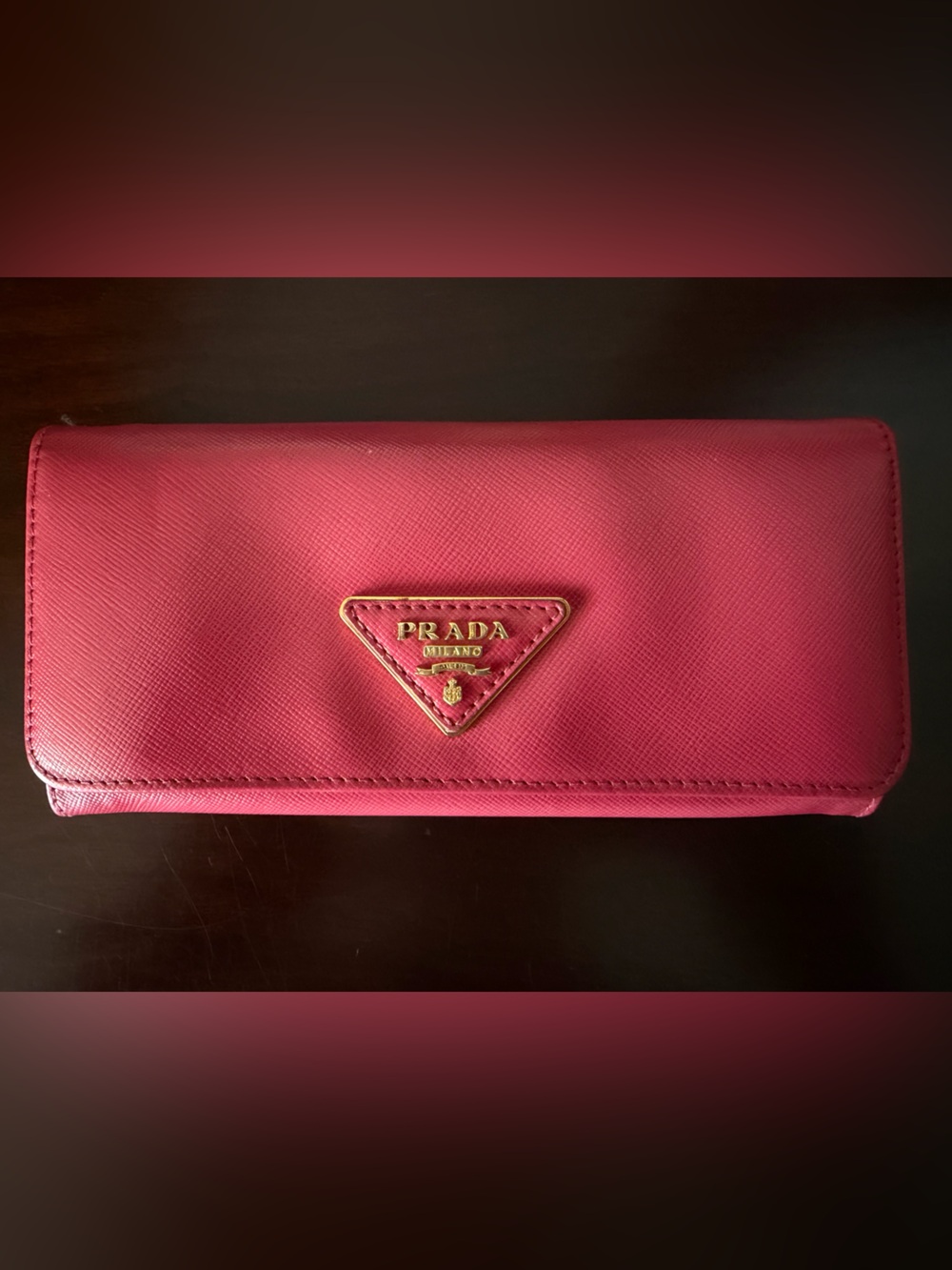 Prada Pink Saffiano Leather large Wallet with Gold Logo (Authentic)